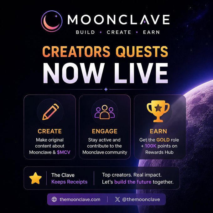 A promotional graphic for "MOONCLAVE" announcing "CREATORS QUESTS NOW LIVE" with sections to CREATE, ENGAGE, and EARN, including the website themoonclave.com and X handle @themoonclave.
