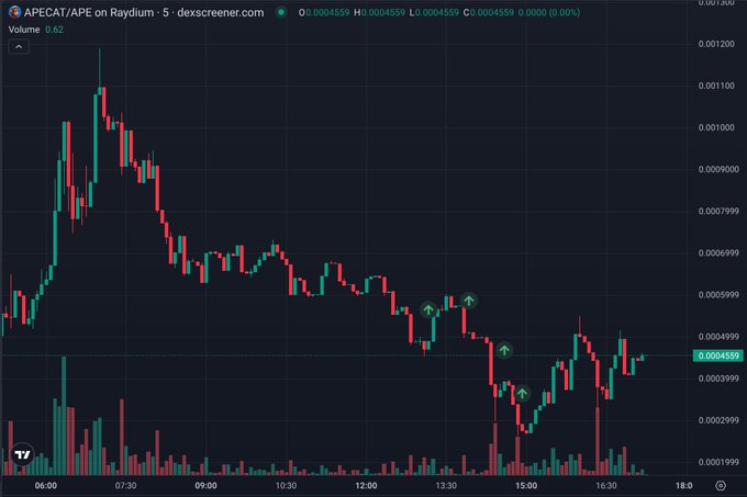 A candlestick chart from dexscreener.com showing APECAT/APE on Raydium with a price of 0.0004559 and volume of 0.62, displaying intraday price action with volume bars at the bottom.