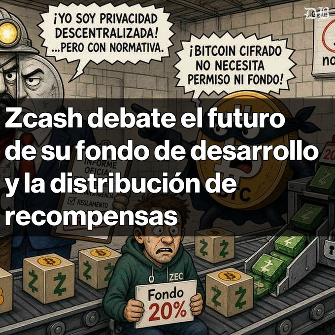 A Spanish-language crypto meme featuring a miner and a Bitcoin character with the text '¡Yo soy privacidad descentralizada!...pero con normativa.' and '¡Bitcoin cifrado no necesita permiso ni fondo!', overlaid with 'Zcash debate el futuro de su fondo de desarrollo y la distribución de recompensas'.