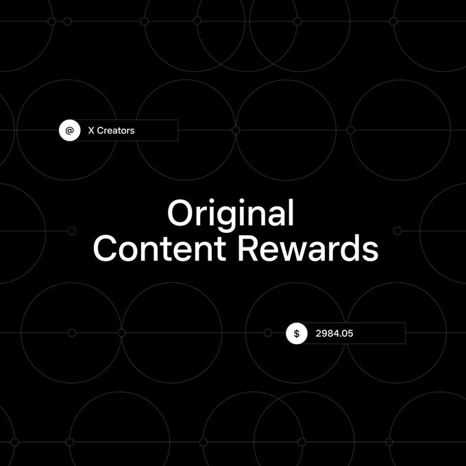 A dark graphic with faint circular patterns displays "Original Content Rewards" as the main heading, featuring a "$2984.05" badge at the bottom and an "@ X Creators" tag at the top, illustrating the new monetization program replacing revenue sharing announced by X.