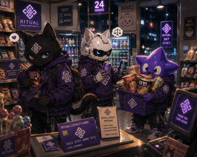 A vibrant, detailed illustration of anthropomorphic cats in purple 'RITUAL' branded hoodies shopping at a 24-hour convenience store filled with snacks and a 'RITUAL LOYALTY CARD' display.