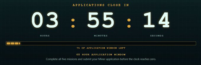 A countdown timer screen showing 'APPLICATIONS CLOSE IN 03:55:14' with text indicating '7% OF APPLICATION WINDOW LEFT' and a '60 HOUR APPLICATION WINDOW'.