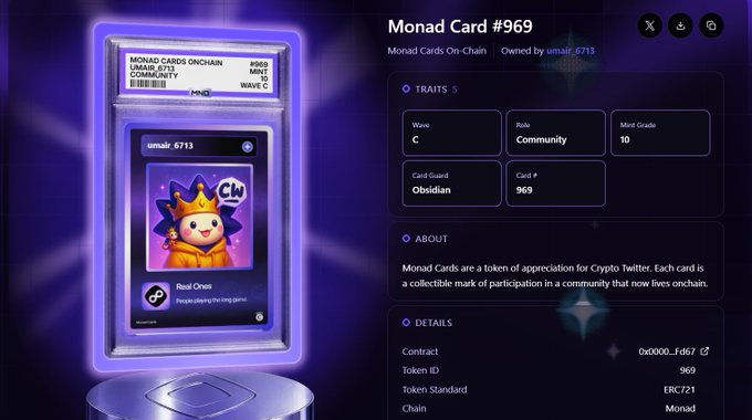 A digital collectible display for "Monad Card #969," an ERC721 token on the Monad chain, showing traits like Wave C, Role Community, Mint Grade 10, and Card Guard Obsidian, owned by umair_6713.