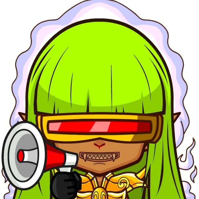 A chibi-style cartoon avatar of a female character with bright green hair, red visor sunglasses, a wide toothy grin, and a red megaphone, surrounded by a wavy pastel aura.