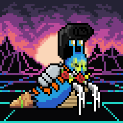 Pixel art depicting a deformed or glitchy version of a Disney princess character with an elongated face, kneeling against a purple sunset background in a retro style.