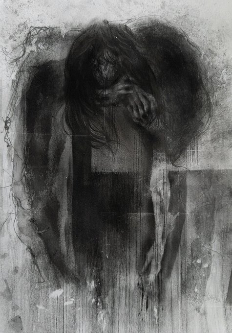 A dark, haunting monochromatic artwork depicting a hooded, hunched figure with obscured face, rendered in expressive charcoal-like strokes with dripping ink effects.