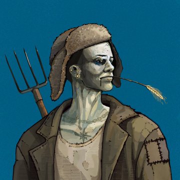 A stylized illustration of an emaciated farmer-like figure wearing a fur-lined cap, with a pitchfork over his shoulder and a stalk of wheat in his mouth, set against a teal background—showcasing the distinctive PFP-ready NFT artwork highlighted in the post.