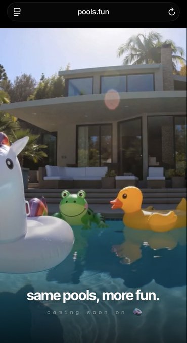 A promotional image for pools.fun features a sunny backyard pool scene with a white unicorn float, a green frog float, and a yellow rubber duck, captioned "same pools, more fun." with "coming soon on" text below. The image cleverly plays on the concept of "pools" by literally showing a swimming pool with fun floats, tying into the post's announcement that a superior platform to pools.trade is launching soon with SushiSwap's new concentrated liquidity technology.
