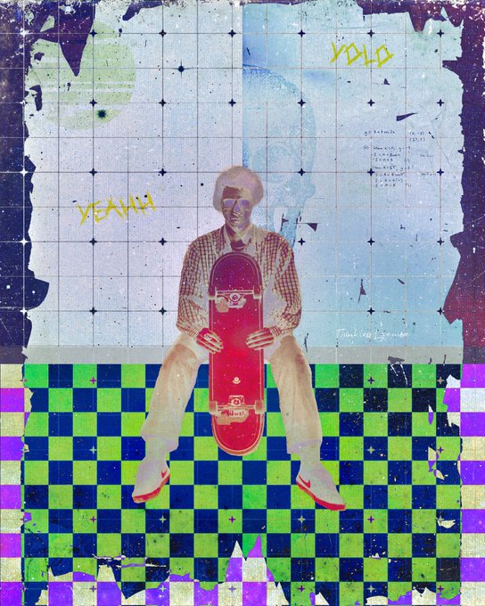 The image features a man sitting on a green and purple checkered floor, holding a skateboard with one foot while wearing a red shirt and white pants. The background of the image includes a grid patterned wall that says "yeah" at the top left corner and "yo" in the center right corner.