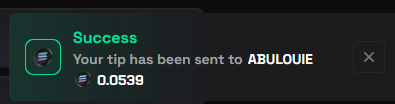 A "Success" notification indicates 0.0539 was tipped to ABULOUJE, tying into the post's message about tipping select users.