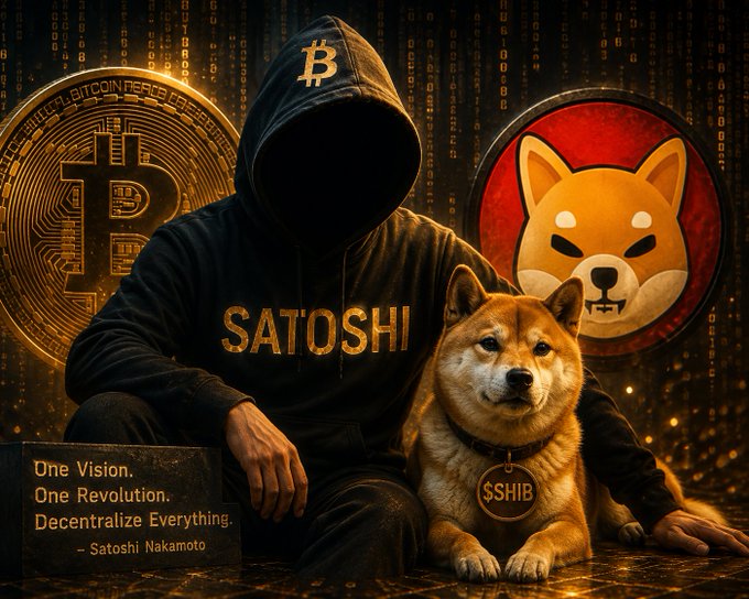A hooded figure wearing a 'SATOSHI' sweatshirt sits beside a Shiba Inu dog with a '$SHIB' tag, with Bitcoin and Shiba Inu coin symbols in the background and a plaque reading 'One Vision. One Revolution. Decentralize Everything. — Satoshi Nakamoto'.