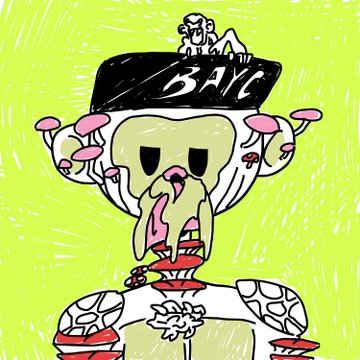 A vibrant digital illustration features a green alien-like creature with a tongue hanging out, mushrooms sprouting from its body, and the text "BAYC" on its headwear, set against a bright neon green background with a small ape figure perched atop. The artwork represents a unique 1/1 (one-of-one) NFT being gifted to the user, as mentioned in the accompanying post thanking @10kWaysToDie ahead of their mint on the Robinhood chain.