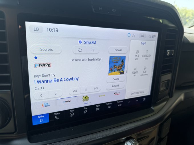A Ford vehicle's infotainment screen displays SiriusXM's 1st Wave channel (Ch. 33), playing "I Wanna Be A Cowboy" by Boys Don't Cry, with the time showing 10:19 and an outside temperature of 81°. The Trip 1 readout shows 16.3 MPG, 418:52:24 timer, 2990.1 miles driven, and 605 miles to empty.