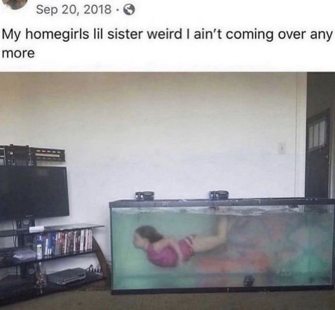 A screenshot of a Facebook post dated 'Sep 20, 2018' reading 'My homegirls lil sister weird I ain't coming over any more,' showing a photo of a woman in a red dress lying face-down in a fish tank in a living room.