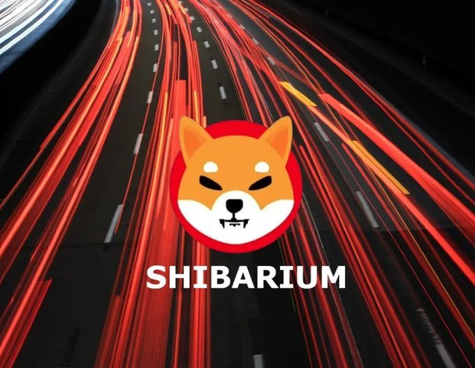 The image features the orange and white Shiba Inu logo encircled in red, with the word "SHIBARIUM" displayed below, set against a background of streaking red light trails that visually represent high speed and fast transaction times—reinforcing the post's claim about Shibarium's rapid 5-second block times.
