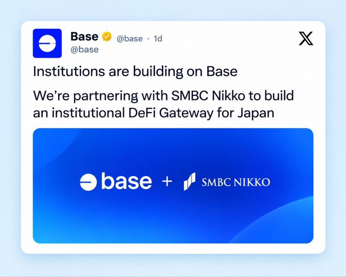 A screenshot of a tweet from Base (@base) announcing a partnership with SMBC Nikko to build an institutional DeFi Gateway for Japan.