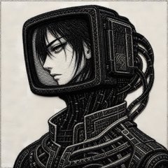 A black and white illustration of a character with dark hair wearing a futuristic helmet or visor, dressed in detailed textured armor.