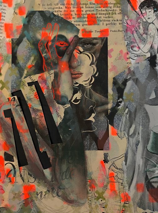 A mixed-media collage featuring a black and white photo of a woman with a hand gesture, overlaid with red spray paint, torn paper, and fragments of Swedish text including 'Teknikweeky'.