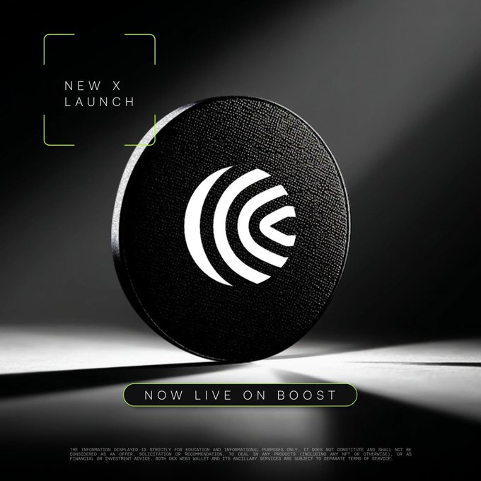 A promotional graphic featuring a black textured disc with a white "C" logo, set against a dark background with the text "NEW X LAUNCH" in green and "NOW LIVE ON BOOST" in a button below, announcing the Cap ($CAP) airdrop on OKX Web3 Boost with a 20,000,000 token reward pool.