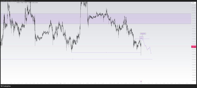 A financial chart titled "$BTC - NY plan done" displays Bitcoin price action with annotated technical analysis, including a highlighted resistance zone (shown as a purple band) and projected price movement arrows pointing toward downside targets near 105k and 95k, reflecting a bearish outlook for the NY trading session.