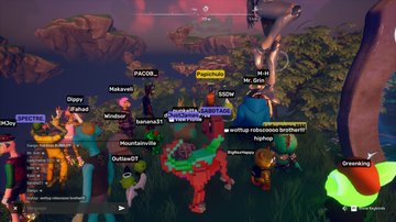 The image shows a group of people gathered together, possibly playing a video game or participating in an online gaming event. The players are spread out across the scene, with some standing closer to the camera while others are further away. They appear to be engaged in conversation and enjoying themselves as they interact with each other. The post about the game is written in a casual, conversational tone that suggests it was shared among friends or fellow gamers.