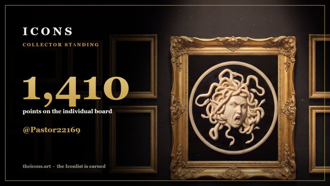 ICONS collector standing graphic showing 1,410 points on the individual board for @Pastor22169, featuring a gold-framed Medusa-like NFT artwork on a dark background.