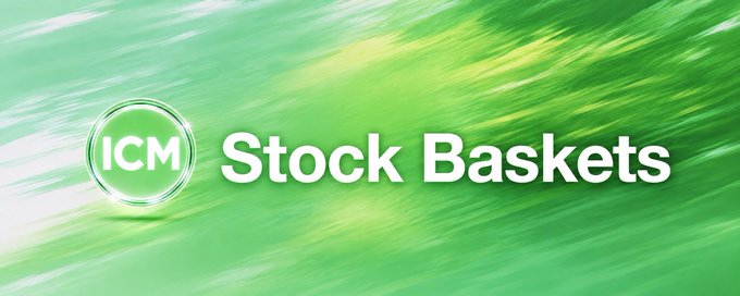 A promotional graphic featuring a dynamic green motion-blur background with the text "ICM Stock Baskets" displayed in bold white lettering alongside the ICM logo. The image visually introduces the launch of ICM's Stock Baskets feature, highlighting the ability to trade multiple Solana assets in a single transaction.