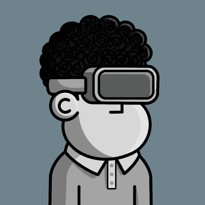 A cartoon character with curly black hair wearing a white VR headset and gray collared shirt against a blue-gray background.