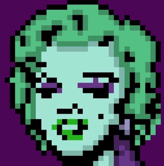 A pixel art portrait of a pale green-skinned figure with curly green hair, purple eyelids, and green lips against a dark purple background, resembling a zombie or undead character.