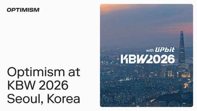 A promotional graphic announces "Optimism at KBW 2026 Seoul, Korea" alongside a cityscape featuring the KBW 2026 logo with Upbit sponsorship and a skyscraper (likely Seoul's Lotte World Tower). The image visually reinforces the announcement of Optimism's participation at the Korea Blockchain Week 2026 event in Seoul.