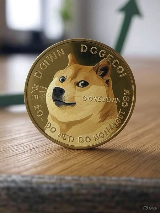 A close-up photo of a gold-colored Dogecoin physical coin featuring the Shiba Inu dog, with a green upward arrow in the background and a 'Grok' watermark in the corner.