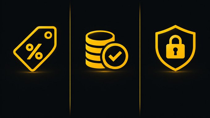 Three golden icons on a black background: a price tag with a percent symbol, a stack of coins with a checkmark, and a shield with a padlock.