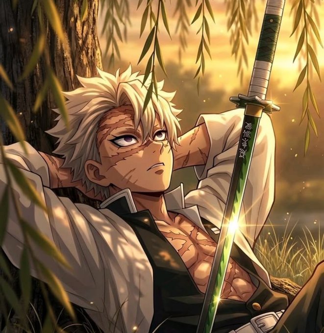 Anime-style illustration of a scarred, white-haired character with a sword, resting against a tree in golden light.
