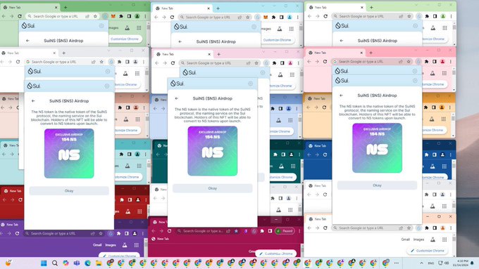 The image shows a computer screen displaying four different tabs or windows open side by side. The first window has a purple background, the second one has a green background, the third one has an orange background, and the fourth one has a pink background. Each of these windows contains information about a different music streaming service called "sui". The post suggests that the user might have ridden the sui music streaming service just like they rode their favorite music streaming service, which is probably another popular music streaming platform.