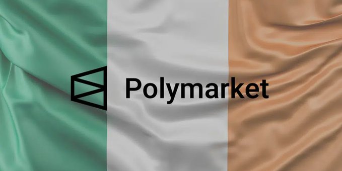 The image displays a stylized Irish flag rendered in silky green, white, and orange fabric with the "Polymarket" name and logo overlaid in the center. It visually underscores the post's news that Ireland's regulator has issued an ultimatum to Polymarket, resulting in blocked access for Irish users.
