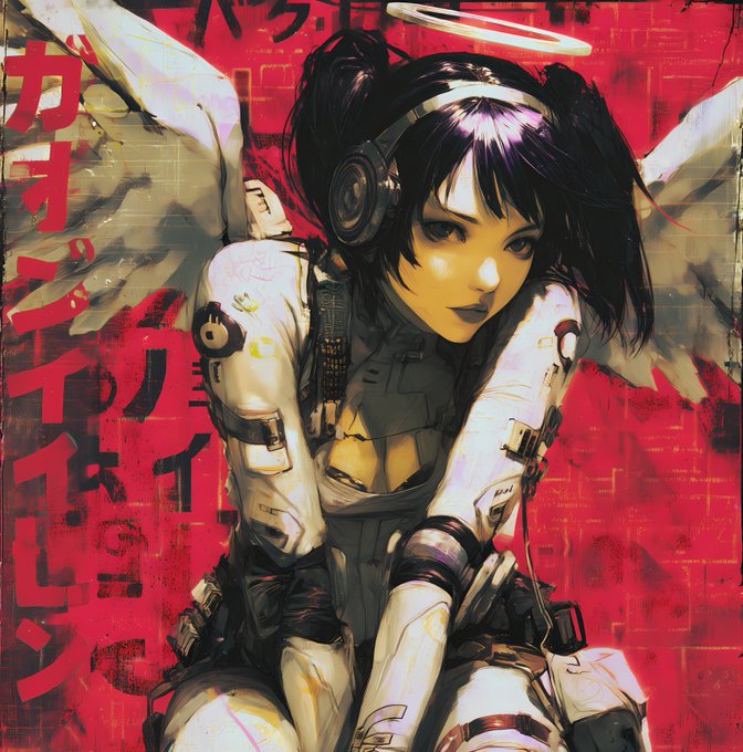A cyberpunk-style digital painting of a female cyborg with white wings, a halo, and headphones, set against a red background with Japanese text.