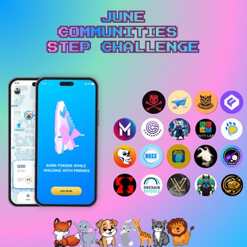 A 'JUNE COMMUNITIES STEP CHALLENGE' promotional graphic showing a phone screen with the Sweatcoin app, a grid of community logos, and a row of cartoon animals at the bottom.