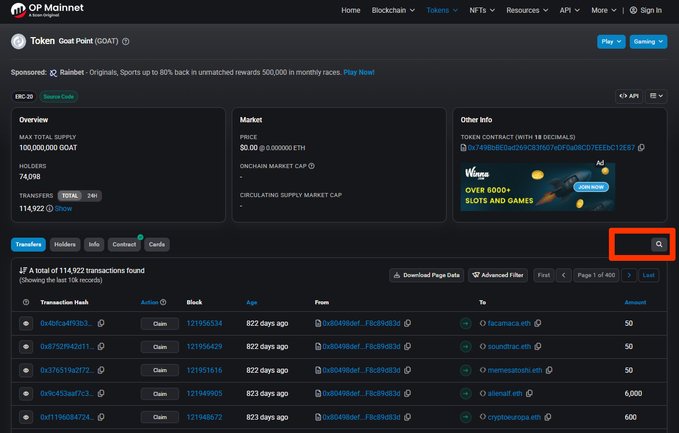 OP Mainnet token page for GOAT (Goat Point) showing ERC-20 token details, max total supply of 100,000,000 GOAT, and a transaction list with a search icon highlighted in a red box.