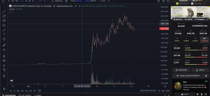 A TradingView chart of CASHCAT/WETH shows a sharp price spike to ~186M on Uniswap V3, currently retracing to around 162M (down 1.5% daily). The visible "BUY" signal marker and high liquidity ($14.1M) align with the post's question about whether to buy the $CASHCAT dip.