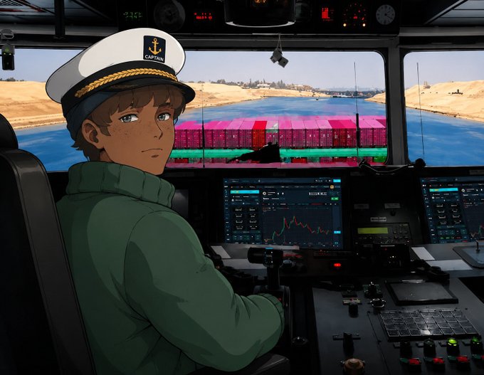 An anime-style captain wearing a "CAPITAIN" hat looks out from a ship's bridge at a container vessel on a canal. The image serves as a visual metaphor for leadership and forward-thinking navigation, echoing the post's theme of steering toward long-term, user-owned identity solutions that will remain relevant well beyond today's systems.