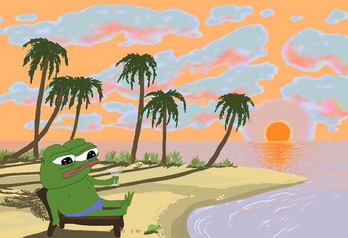 The image shows Pepe the Frog relaxing on a beach lounge chair with a cocktail, enjoying a tropical sunset scene with palm trees and ocean views.

The illustration fits the post's vibe of a relaxed "Good Morning CT" message, evoking a chill, vacation-like mood that pairs well with celebrating the end of the @NomismaNetwork campaign and casually awaiting news from the X00B team.