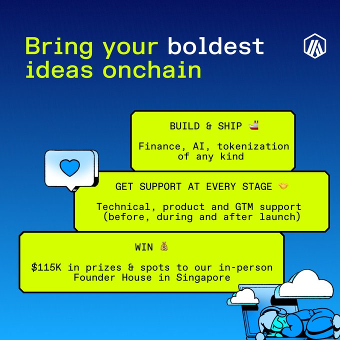 A promotional graphic with a blue gradient background reads "Bring your boldest ideas onchain" at the top, featuring three stacked lime-green callout boxes highlighting "BUILD & SHIP" (finance, AI, tokenization), "GET SUPPORT AT EVERY STAGE" (technical, product, GTM support), and "WIN" ($115K in prizes & spots to the Founder House in Singapore). The image visually summarizes the key benefits of Arbitrum's 3-week online Buildathon mentioned in the post, which invites early-stage teams to join starting September 14th.