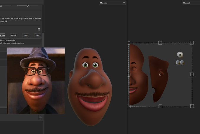 A 3D modeling software interface displays a cartoon character resembling Joe Gardner from Soul alongside detached facial components being edited.