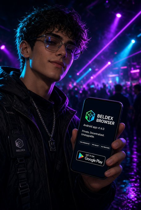A young man with curly hair and glasses holds up a smartphone at a neon-lit event, displaying the Beldex Browser app (version 1.4.0) with a "Get it on Google Play" button. The text on the screen highlights its privacy-focused features ("Private. Decentralized. Unstoppable."), directly reinforcing the post's message about Beldex's privacy-first browsing experience.