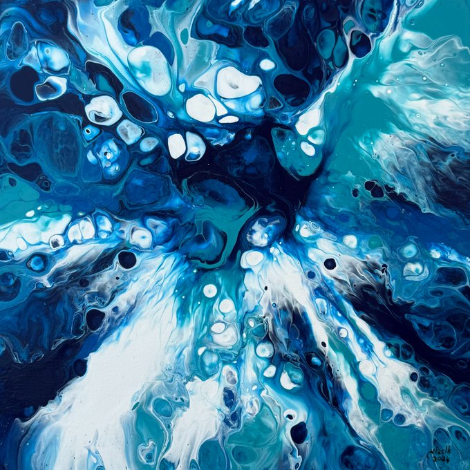 An abstract acrylic pour painting in blue, teal, and white with cellular bubble patterns, signed and dated 2024.
