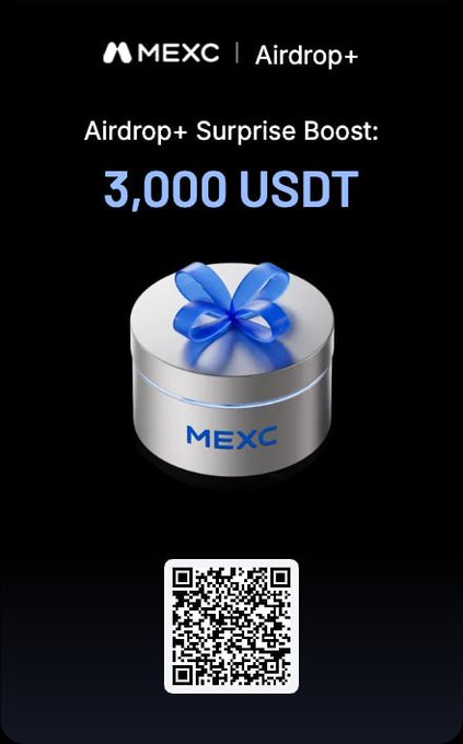 This advertisement from **MEXC | Airdrop+** highlights their "Airdrop+ Surprise Boost" offering a 3,000 USDT bonus for participants who engage with the featured **MXC** gift box, alongside the post text that it refers to as a gift for the **IBVM Community**. A scannable code at the bottom invites users to access the airdrop details.