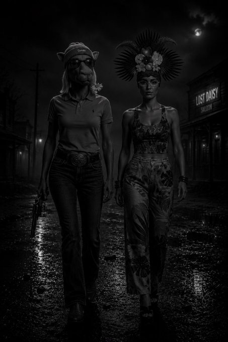 A dark, stylized black-and-white digital artwork of two figures walking down a wet street at night past a "Lost Daisy Saloon": one wears a cap and glasses and carries a revolver, while the other wears an elaborate feathered headdress.