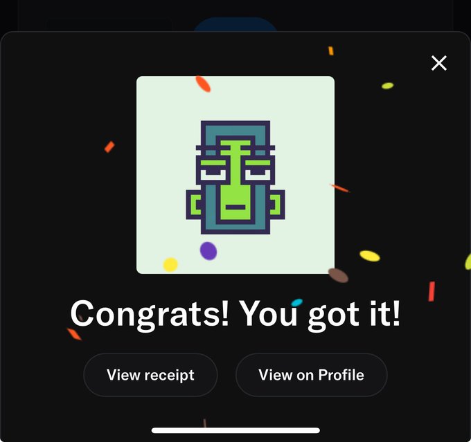 A mobile app screen displaying 'Congrats! You got it!' with a pixel-art green face icon, confetti, and buttons to 'View receipt' or 'View on Profile'.
