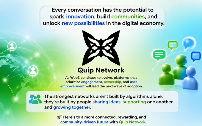 The image shows a poster for the Quip network, which talks about communication networks, innovations, and digital economy. It features an image of a butterfly and several examples related to web design or digital networking, such as people sharing ideas on social media and collaborating online.