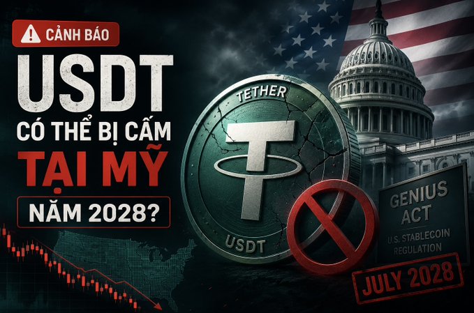 Vietnamese-language warning graphic showing a Tether (USDT) coin with text 'CẢNH BÁO USDT CÓ THỂ BỊ CẤM TẠI MỸ NĂM 2028?' referencing the GENIUS ACT U.S. Stablecoin Regulation, July 2028.